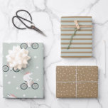 Rustic Christmas Kraft Whimsical Winter Polar Bear Wrapping Paper Sheets<br><div class="desc">This whimsical kraft Christmas wrapping paper set features three different designs. The first unique design features a winter polar bear on a bike with a neutral mint green background and snowflakes. The second wrapping design features modern mint green stripes, and the third features an elegant snow pattern on brown kraft-style...</div>