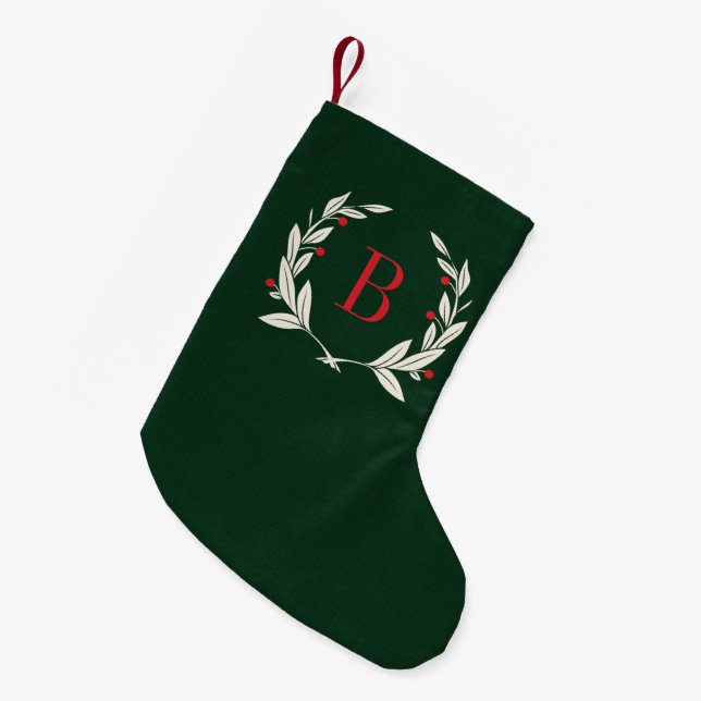 Rustic Christmas Laurel Wreath Monogram Small Christmas Stocking (Front (Hanging))