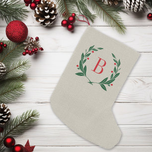 Rustic Christmas Laurel Wreath Monogram Small Christmas Stocking