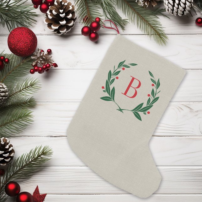 Rustic Christmas Laurel Wreath Monogram Small Christmas Stocking (Creator Uploaded)