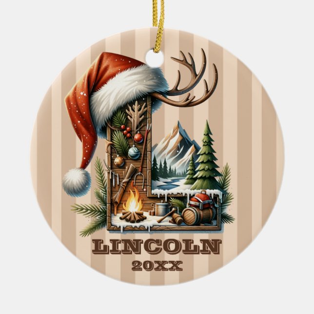 Rustic Christmas Letter L with Cozy Winter Scene Ceramic Ornament (Front)