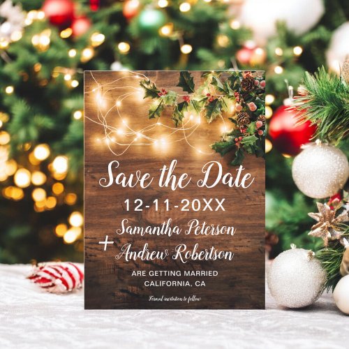 Rustic Christmas lights mistletoe save the date Announcement Postcard