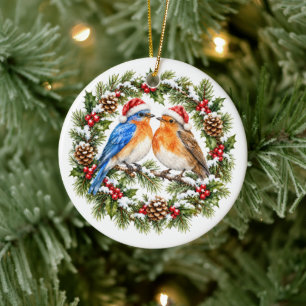 Rustic Christmas Lovebirds Wreath Custom Back Ceramic Ornament