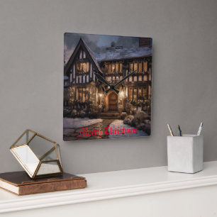 Rustic Christmas Magic Square Wall Clock