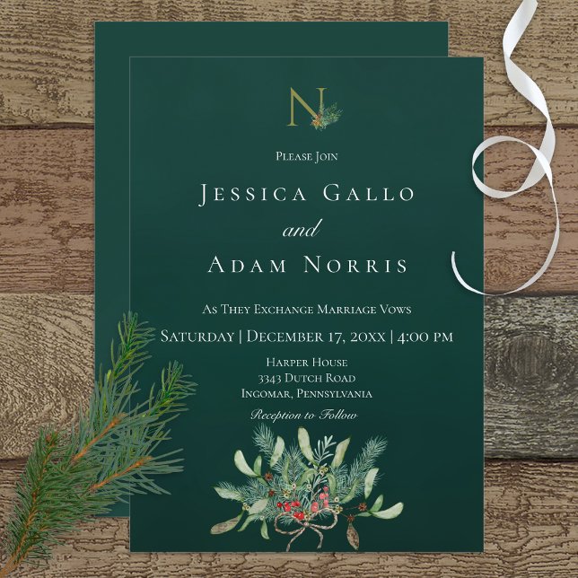 Rustic Christmas Monogram Green Wedding Invitation (Creator Uploaded)