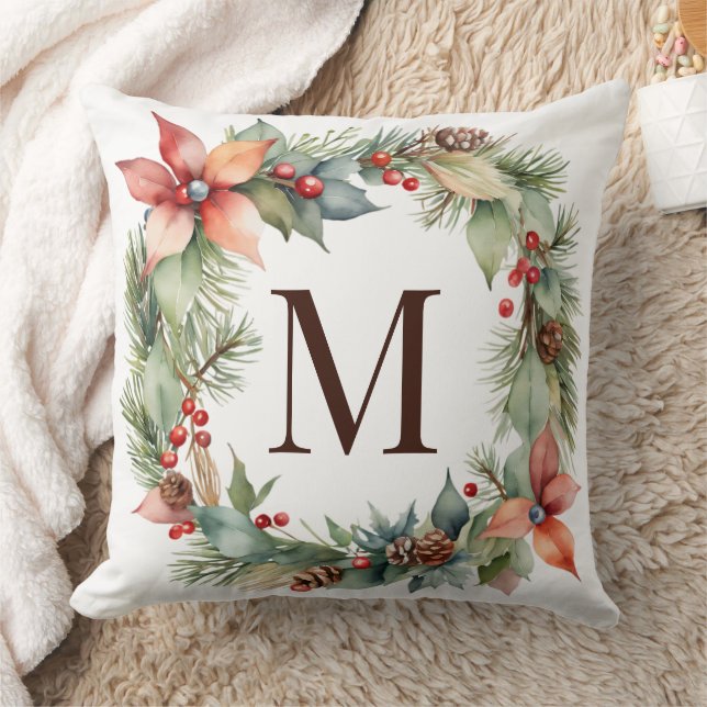 Rustic Christmas Monogram Holly Poinsettia Wreath Throw Pillow (Blanket)