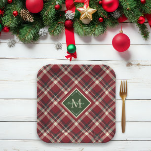 Rustic Christmas Monogram Name Red Green Plaid Paper Plates