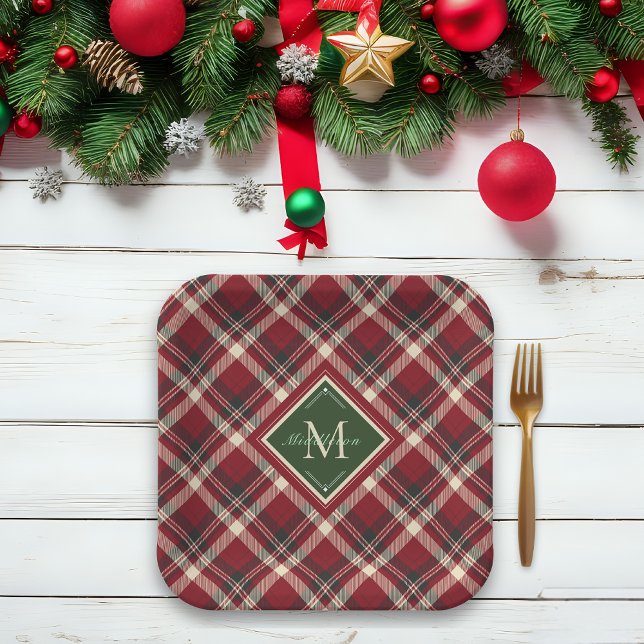 Rustic Christmas Monogram Name Red Green Plaid Paper Plates (Festive red and green tartan Christmas plates personalized with your monogram and name.)