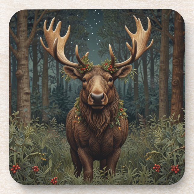 Rustic Christmas moose deer boho woodland forest  Beverage Coaster (Front)