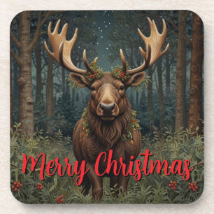 Rustic Christmas moose deer boho woodland forest  Beverage Coaster