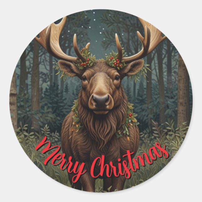 Rustic Christmas moose deer boho woodland forest  Classic Round Sticker (Front)