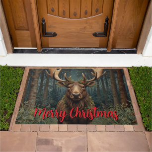 Rustic Christmas moose deer boho woodland forest Doormat