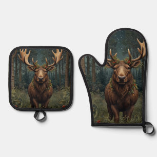 Rustic Christmas moose deer boho woodland forest Oven Mitt & Pot Holder Set