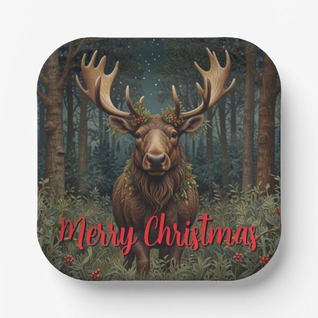 Rustic Christmas moose deer boho woodland forest  Paper Plates (Front)