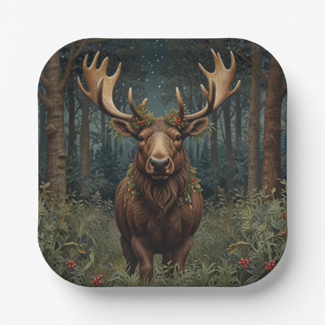 Rustic Christmas moose deer boho woodland forest  Paper Plates (Front)