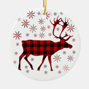 Rustic Christmas Moose deer elk red black plaid Ceramic Ornament