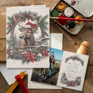 Rustic Christmas Moose Pine Wreath Family Photo Letterpress Thank You Card
