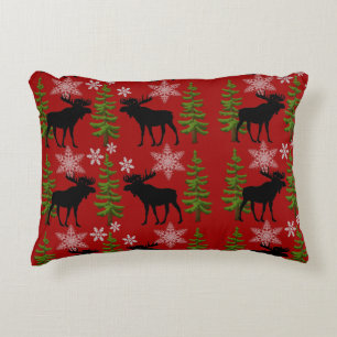 Rustic Christmas Moose Red and Black Accent Pillow