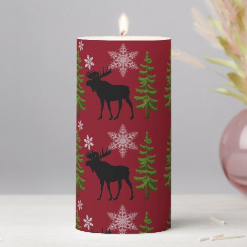 Rustic Christmas Moose Snowflake and Pine Tree  Pillar Candle