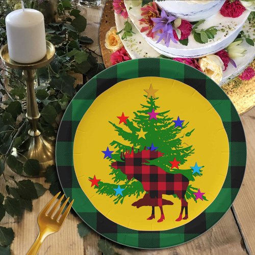 Rustic Christmas Moose Tree Green Buffalo plaid Paper Plates