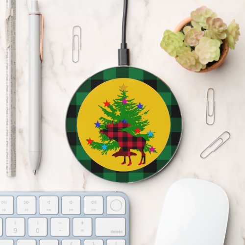 Rustic Christmas Moose Tree Green Buffalo plaid Wireless Charger