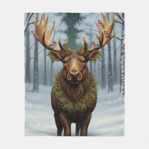 Rustic Christmas moose winter woodland forest  Fleece Blanket