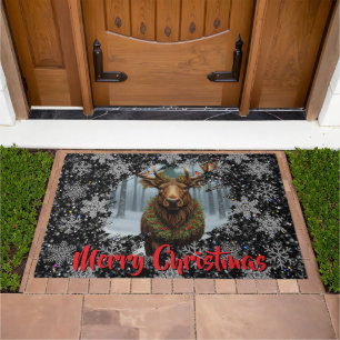 Rustic Christmas moose winter woodland forest snow Doormat