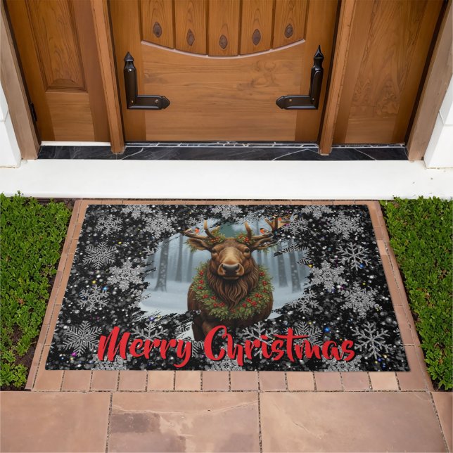 Rustic Christmas moose winter woodland forest snow Doormat (Outdoor)