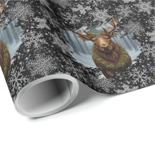 Rustic Christmas moose winter woodland forest snow Wrapping Paper