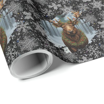 Rustic Christmas moose winter woodland forest snow Wrapping Paper