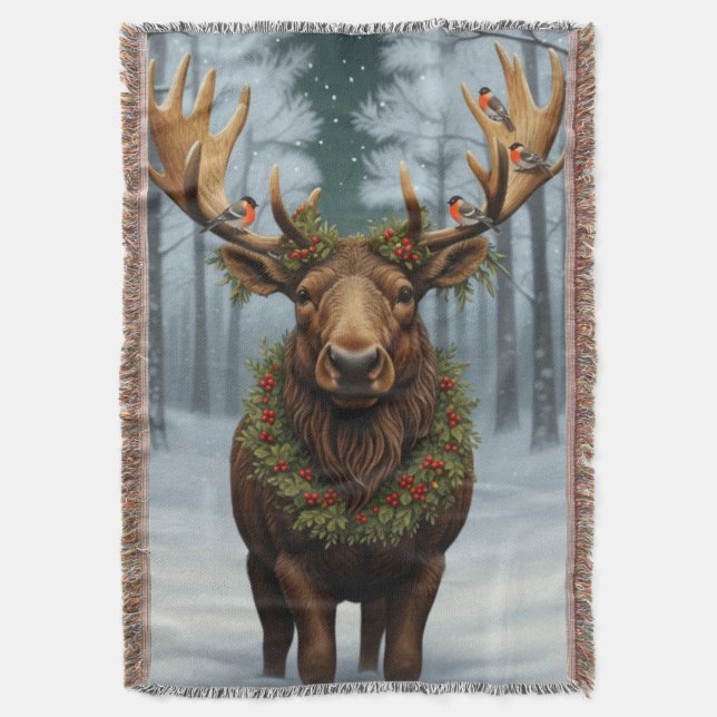 Rustic Christmas moose winter woodland forest  Throw Blanket (Front Vertical)