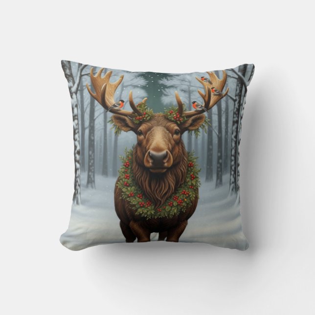 Rustic Christmas moose winter woodland forest  Throw Pillow (Front)