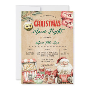 Rustic Christmas Movie Night Popcorn Santa Party Invitation