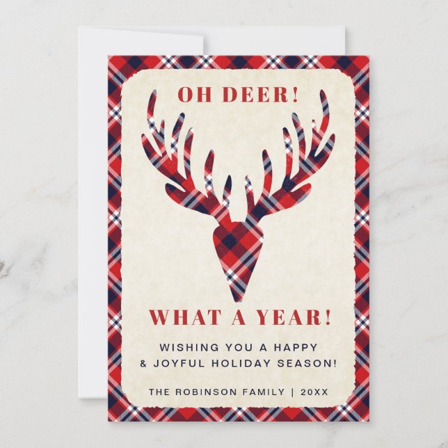 Rustic Christmas Oh Deer What a Year Tartan Plaid Holiday Card (Front)