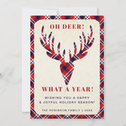 Rustic Christmas Oh Deer What a Year Tartan Plaid Holiday Card