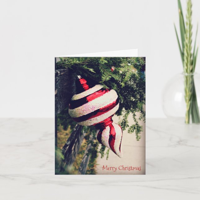 Rustic Christmas Ornament and Greenery on Fence Card (Front)