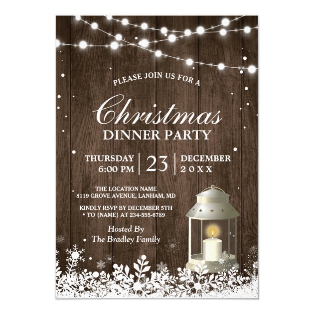 Rustic Christmas Party String Lights White Lantern Invitation