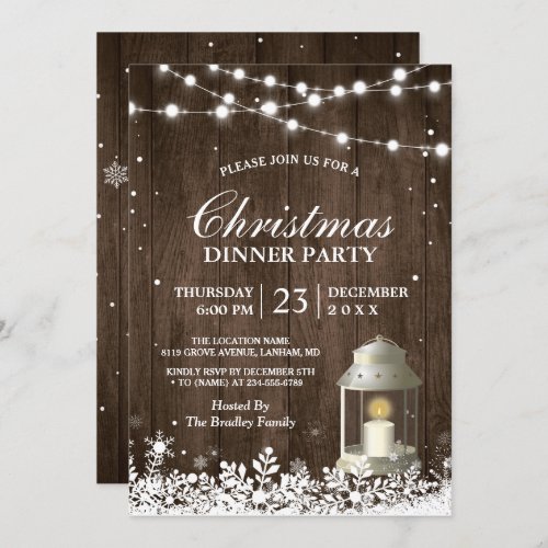 Rustic Christmas Party String Lights White Lantern Invitation