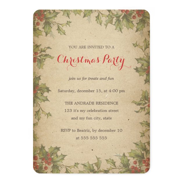 Rustic Christmas Party Vintage Holly Wreath Border Invitation