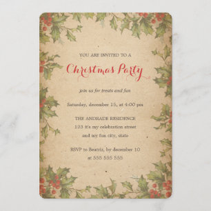 Rustic Christmas Party Vintage Holly Wreath Border Invitation