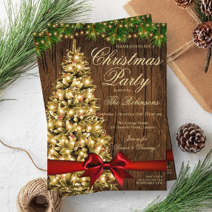 Rustic Christmas Party Xmas Tree Lights & Ribbon Invitation