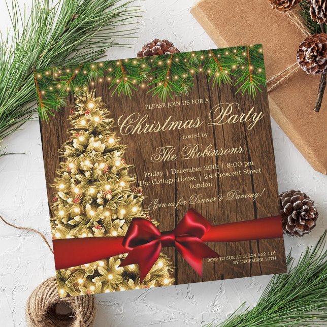 Rustic Christmas Party | Xmas Tree & Red Ribbon Invitation (Rustic Christmas Party | Xmas Tree & Red Ribbon Invitation)