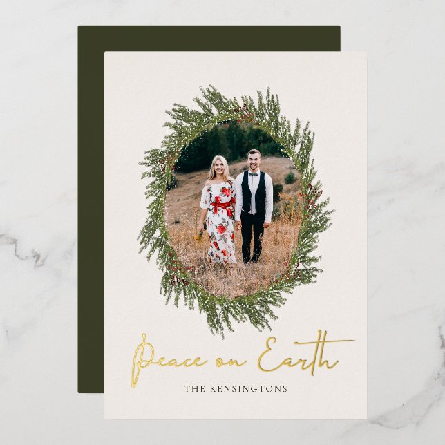 Rustic Christmas Peace on Earth Holiday Photo (Front/Back)