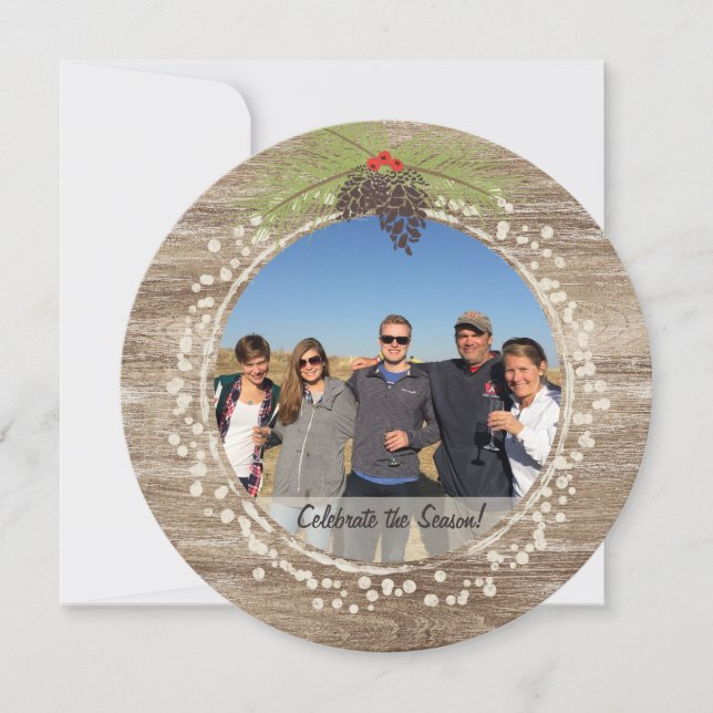 Rustic Christmas Photo Collage Wood & Pine Cone Invitation (Front)