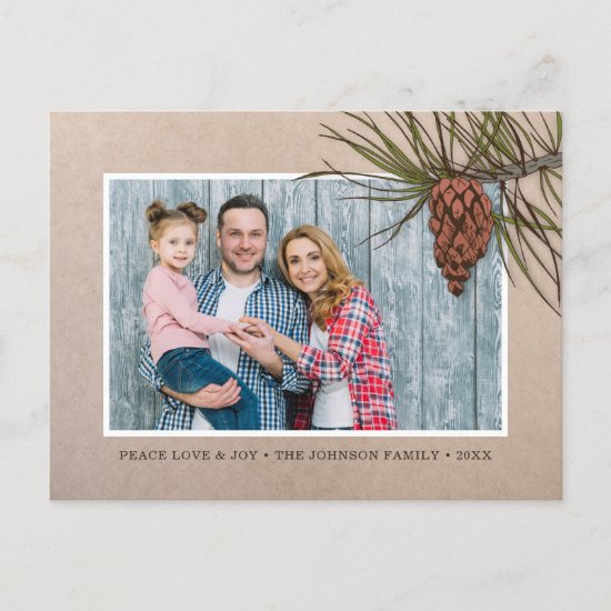 Rustic Christmas Photo Pinecone Brown Kraft Paper Holiday Postcard