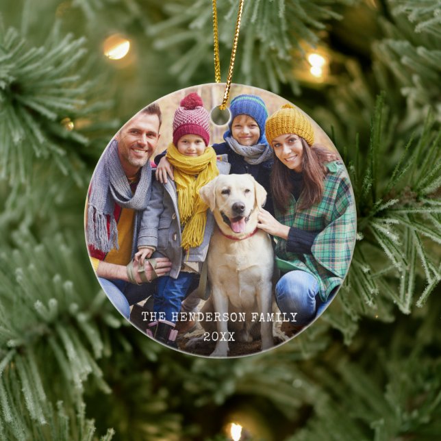 Rustic Christmas  Photo Red Snowflakes Back Ceramic Ornament (Tree)