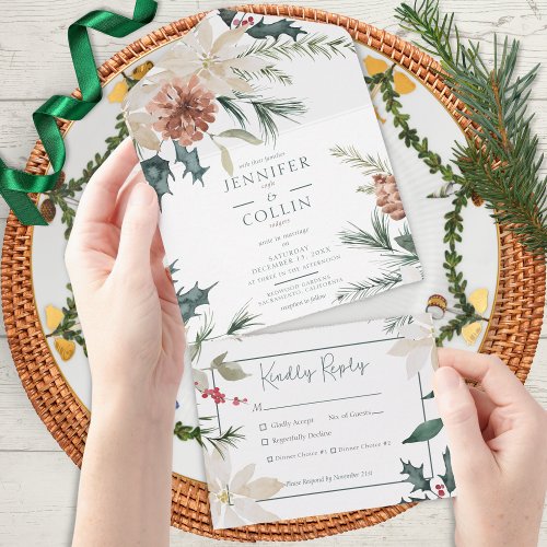 Rustic Christmas Pine  Berries White Dinner All In One Invitation