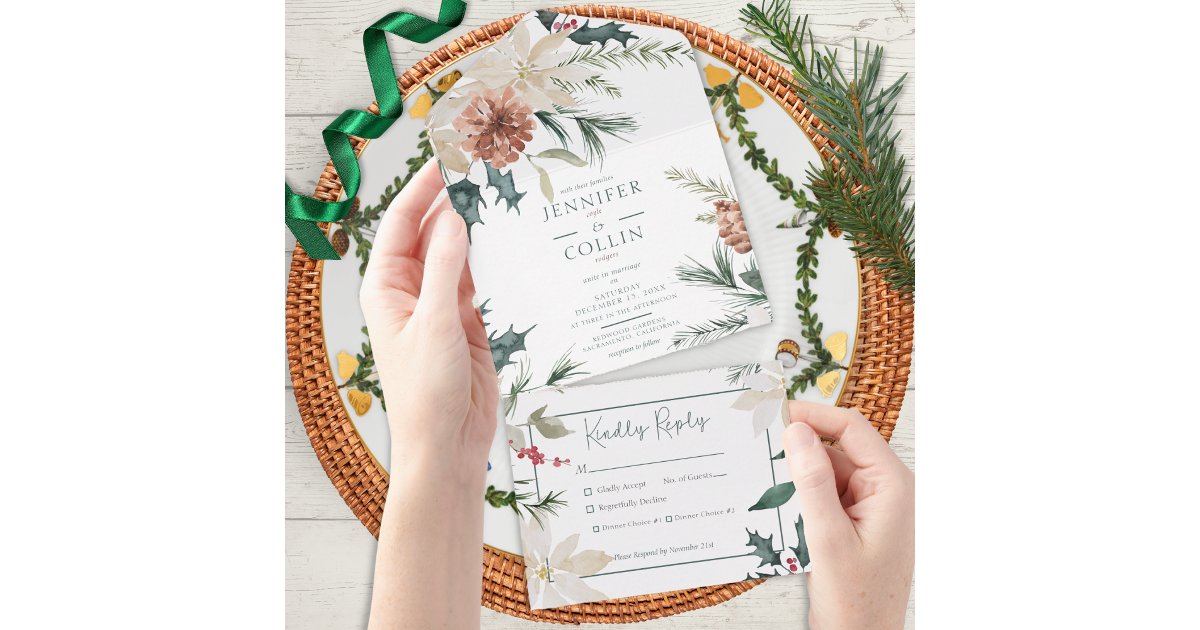 Rustic Christmas Pine & Berries White Dinner All In One Invitation | Zazzle