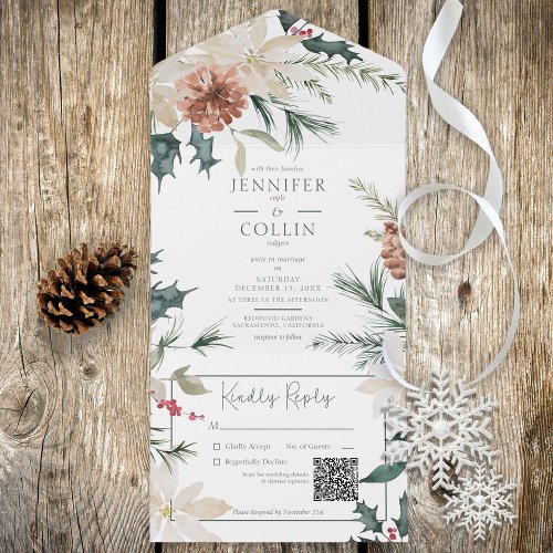 Rustic Christmas Pine  Berries White QR Code All In One Invitation
