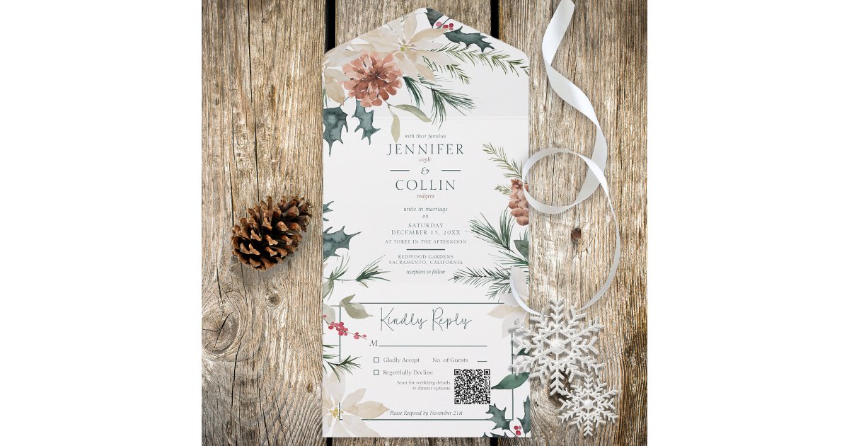 Rustic Christmas Pine & Berries White QR Code All In One Invitation ...